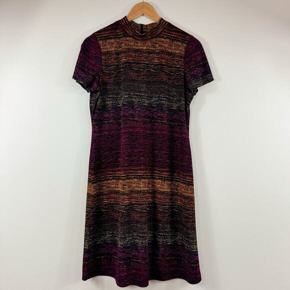 Women's Mock Neck Dress Red Yellow Stripe Size 10 Funky Art To Wear Witchy Goth - Picture 1 of 5